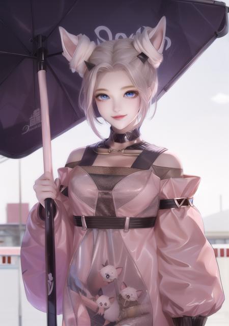 wuxian-xsg, 1girl, solo, umbrella, blue eyes, looking at viewer, grey hair, hair bun, double bun, holding umbrella, holding, animal ears,  <lora:wuxian-xsg:0.9>, masterpiece, best quality,