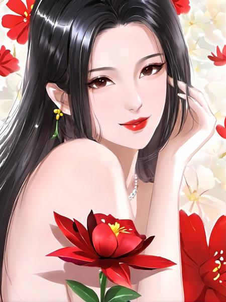 1girl, solo, long hair, looking at viewer, black hair, hair ornament, holding, flower, red lips, mole under eye, red flower, upper body, hair flower,shiny,shiny skin,milf,(mature female:1.2),<lora:fashigirl-v6-sdxl-5ep-resize:0.7>