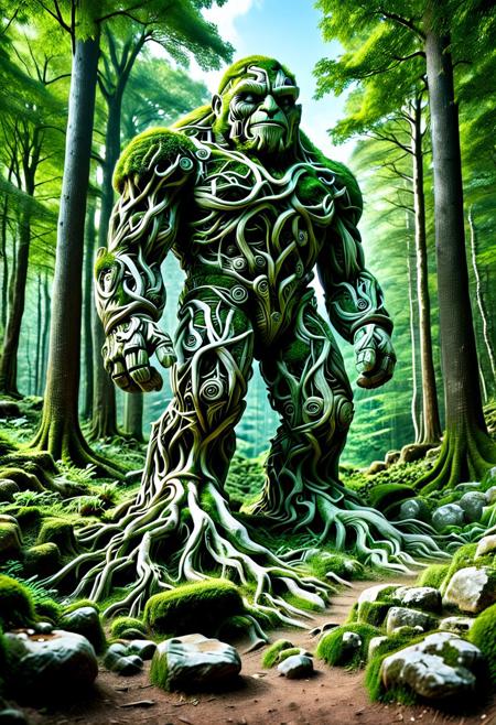 score_9,score_8_up,score_7_up, PG-TR, This is a vibrant, fantasy illustration of a large, golem-like figure that appears to be made of stones and rocks, partly overgrown with lush green foliage. The figure stands in a forested environment, with trees and plants surrounding it, and in the background, ruins or other stone structures are visible. The sky above is clear blue with some white clouds, indicating a sunny day.
The colossus itself is impressively large, with a broad posture and thick, robust limbs. Its body is a mix of gray and brown stones, some smoother than others, with cracks and moss growth emphasizing its age and natural integration. The most striking feature is the dense layer of bright green leaves covering large parts of its torso, shoulders, and upper legs, as if it has become part of the forest itself.
The colossus's face is somewhat human-like, with a stylized, flat nose and indentations suggesting eyes, all formed from stone. The overall atmosphere of the image is one of wonder and mystery, fitting for a fantasy world. <lora:Treeroots_0_90_multi2_Handprocessed_V2:1>