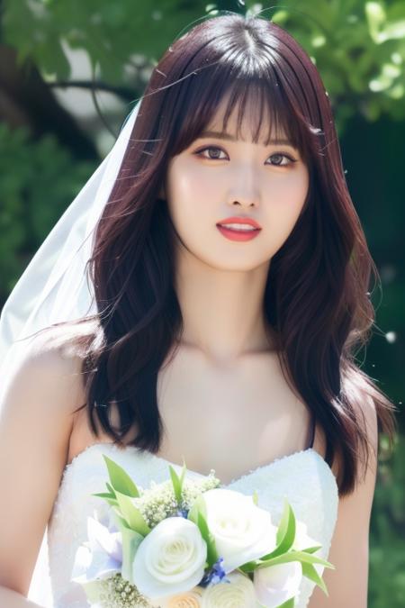 <lora:twiceMomoV1:1>,Momo,Eunha(close-up photo:1.2),(pov:1.1),korean, woman, complex 3d render ultra detailed, portrait of beautiful woman, moody portrait, striking features, beauty, intricate details, dramatic composition, tension, contrast, texture, realism, high-quality rendering, stunning art, high quality, film grain, Fujifilm XT3,swirly bokeh,(realistic, photo-realistic:1.4),RAW photo,physically-based rendering,(looking at viewer:1.4),(8k, best quality, masterpiece:1.2),(full body shot:1.1),octane render,extremely detailed CG, unity 8k wallpaper,in forest,(studio soft light,sunlight:1.1),standing,(a girl is wearing wedding dress:1.5),hyper realistic detail shiny skin,ultra detailed,(ultra realistic:1.1),(intricate:1.2),(photorealistic:1.1),1girl,(skinny:1.3),detailed background