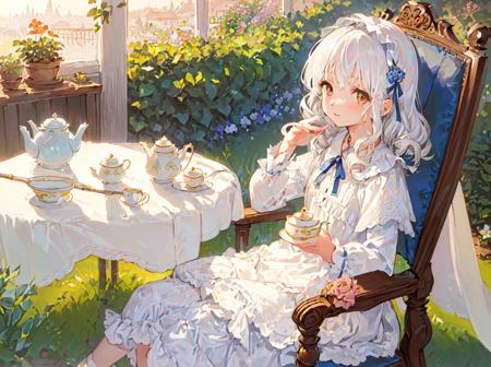 (masterpiece, best quality:1.3), ((illustration), detailed eyes, detailed face, ((still life)), ((1 charming white-haired girl)), ((peaceful)), small chest, (nightdress), brown eyes, curly hair, (blanket), blue pattern, ((soft)), (afternoon), ((chair)), garden view, teapot, cupcake