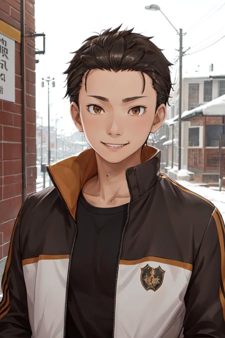 highres, sharp focus, pixiv masterpiece, ((intricate details)), highly detailed, natsuki_subaru, 1boy, brown eyes, jacket, upper body, black hair, smile, track jacket, hair slicked back, <lora:Natsuki_Subaru_v1_1:0.8>