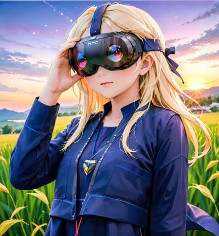 anime, pastel colors, girl, wearing (vr goggle:1.5), HTC Vive, blonde hair, long hair, Navy Blue Kebaya Rokiah clothing, scarf, sunset, scenery, bokeh, depth of field <lora:Navy Blue Kebaya Rokiah_clothing-000007:0.9>