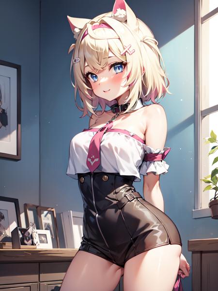 mococo_abyssgard, hololive, 1girl, solo,
blonde_hair,  blue_eyes, medium_hair, dog_ears,
cute, large_breasts,  [wide_hips], short, arms_behind_back, 
looking_at_viewer , 
wide_shot,
indoors,