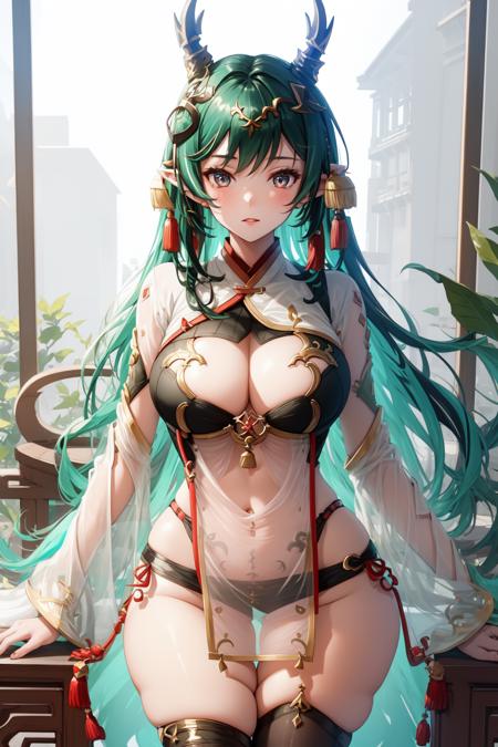 harsd, multicolored hair, horns, pointy ears, streaked hair, hair ornament harsd, multicolored hair, horns, pointy ears, streaked hair, hair ornament, chinese clothes, clothing cutout, black thigh highs, detached sleeves, see through pelvic curtain, multicolored eyes,  one side fingerless gloves, okobo