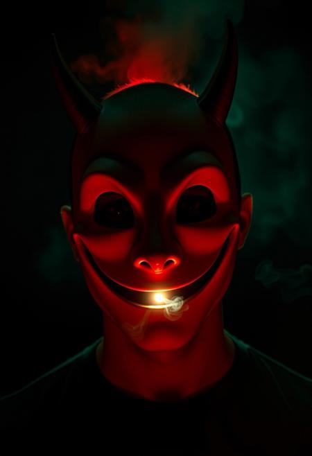 A close-up photograph of a man wearing a highrise mask resembling a large, exaggerated smile emoticon, with small, devilish horns subtly emerging from the sides. The mask, devoid of a nose or eyes, evokes a surreal and unsettling vibe. Shot using Panavision aspherical lenses at 40mm, the scene is lit with cinematic studio lights and a soft red, low diffuse light from behind. A narrow spot beam faintly illuminates the area where the mask’s eyes and nose should be, drawing focus to its eerie emptiness. Light greenish fog and white smoke swirl around the figure against a pitch-black background, enhancing the sense of mystery and unease