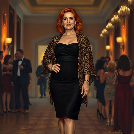 full body shot masterpiece portrait of a woman::1.4, Norman Rockwell style::1.2, realistic impressionist art::1.1,
(physical description: mature woman,red hair, light skin, confident posture, chubby build:1.1)
(facial features, expression: elegant, poised, subtle smile:1.0)
(clothing details: black strapless dress paired with a leopard print kimono-style jacket, black platform sandals:1.0)
(accessories: minimal or no jewelry, natural makeup for an evening gala look:0.9)
(background setting: evening gala event at, subtle crowd and venue details:0.9)
(lighting style: warm, soft evening event lighting, highlights on dress textures and jacket pattern:0.8)
(composition and camera framing: three-quarter length portrait, subject centered, slight angle to highlight outfit:1.0)
(emotional tone or theme: stylish, refined, celebratory mood:0.9)
(technical execution: oil painting texture, rich detail on fabric patterns and folds, balanced warm contrast:0.8)
