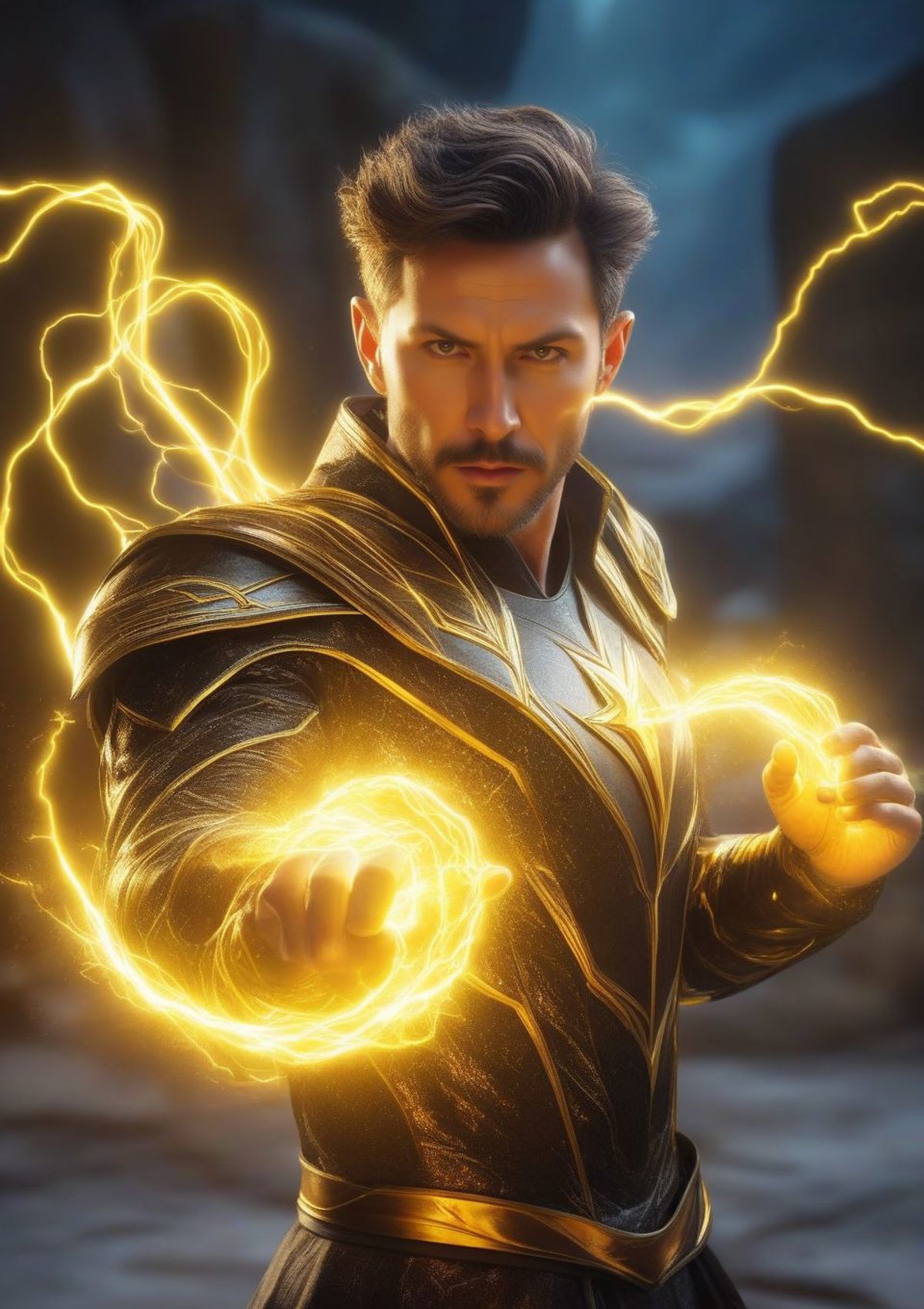 A man with a beard and mustache is lighting up his hands with lightning bolts.
