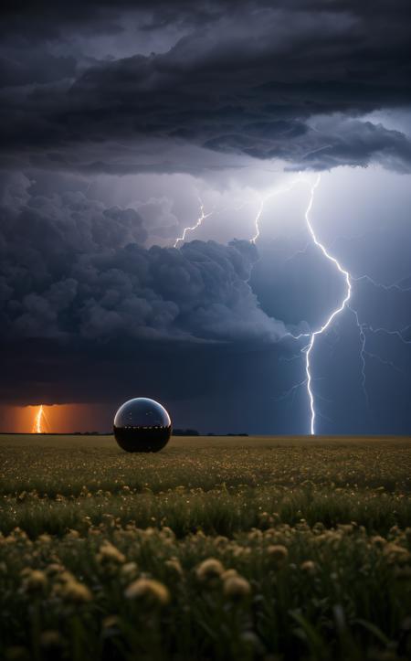 cinematic film still (exquisite detail:1.0), (perfect quality:1.0), (specular reflections:1.0), (rayleigh scattering:1.0), (photoreal:1.0), a spinning sphere of electrinicty hovers above a field in a thunderstorm
 . shallow depth of field, vignette, highly detailed, high budget, bokeh, cinemascope, moody, epic, gorgeous, film grain, grainy