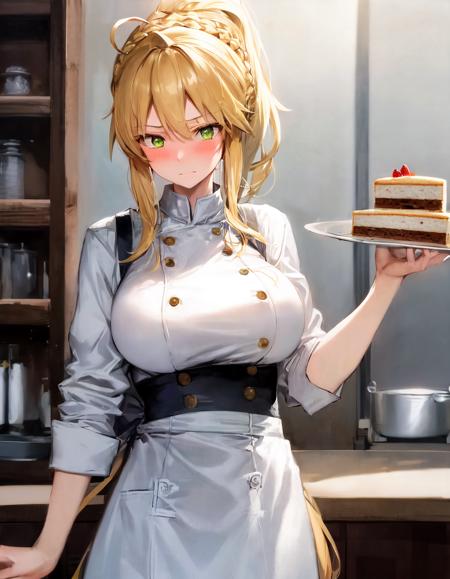 masterpiece, best quality, absurdres, soft lighting, embarrassed, looking away,
1girl, ahoge, artoria pendragon \(swimsuit ruler\) \(fate\), large breasts, blonde hair, green eyes, french braid, ponytail,
chef uniform, apron, baking cake, 
standing