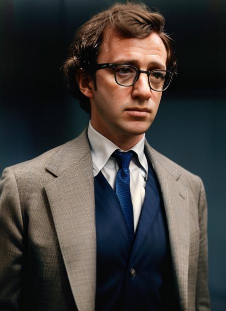 ( <lora:WoodyAllen:1>) a close up Portrait photo of (wa1) man with messy hair and glasses, Detailed face, (perfect eyes), (highly detailed skin:1.1), perfect body, wearing a (Navy Blue Suit, White Dress Shirt, Patterned Tie, Loafers)), Modelshoot style, Professional Photography, soft lighting, PHOTOREALISTIC, Realistic, standing in a dark studio background, blurred background, volumetric fog,. RAW, analog style, sharp focus, 8k, HD, DSLR, high quality, Fujifilm XT3, film grain, award winning, masterpiece,