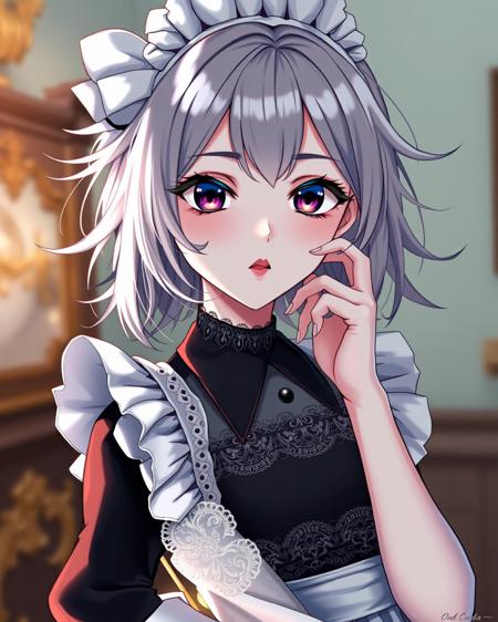 Highly detailed, anime-style girl, beautiful face, smooth porcelain skin, vivid lipstick, perfect makeup, alluring expression, sexy pose, wearing a classic maid outfit with intricate lace details, black and white contrast, elegant and stylish design, soft lighting, background blurred to enhance focus on the character, highly detailed fabric textures, dynamic and flowing hair, vibrant colors
