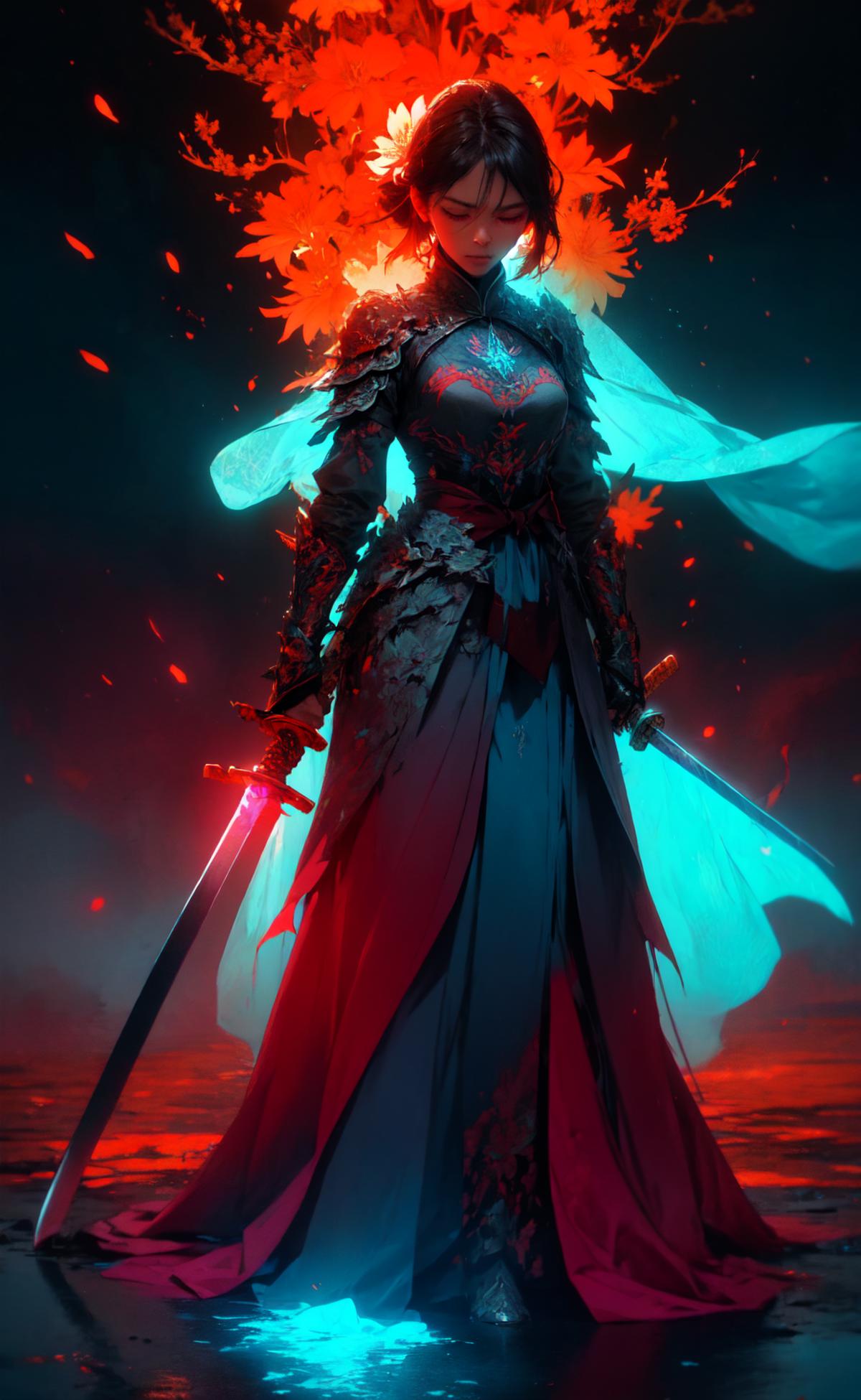 Fantasy Art of a Warrior Woman with Blue Dress and Swords
