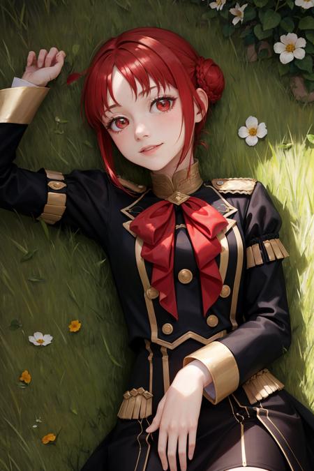 masterpiece, best quality, feMonica, hair bun, braid, red bow, black jacket, black skirt, red pantyhose, upper body, from above, lying on back, grass, looking at viewer, tired, smile, garden <lora:monica-nvwls-v2-000010:0.9>