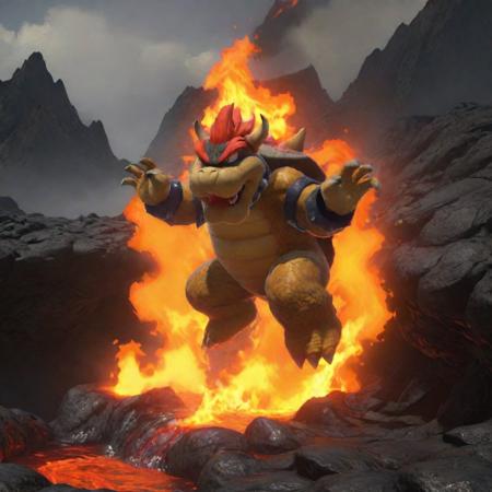 Bowser jumping into lava pool, realistic <lora:Bowser-cai:1> <lora:LCMSDXL:1>