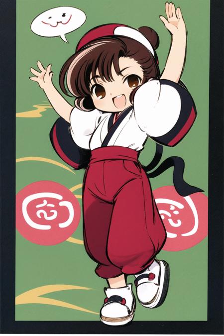 Sumomo, 1girl, solo, one eye closed, instrument, smile, open mouth, brown hair, brown eyes, hat, puffy sleeves, pants, arms up, full body, short hair, short sleeves, looking at viewer, puffy pants, chibi, holding, puffy short sleeves, bangs, ;d, shoes, bow, <lora:Chobits:0.8>