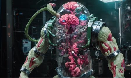 a photograph of (mutagen man) made out of metal and glass, (large human arms, ooze leaking out of transparent casing), clear metallic robot with blob like and a real brain in a vat in the middle, analog photo, RAW photo, subject, 8k uhd, dslr, dark scene, high quality, Fujifilm , sharp image