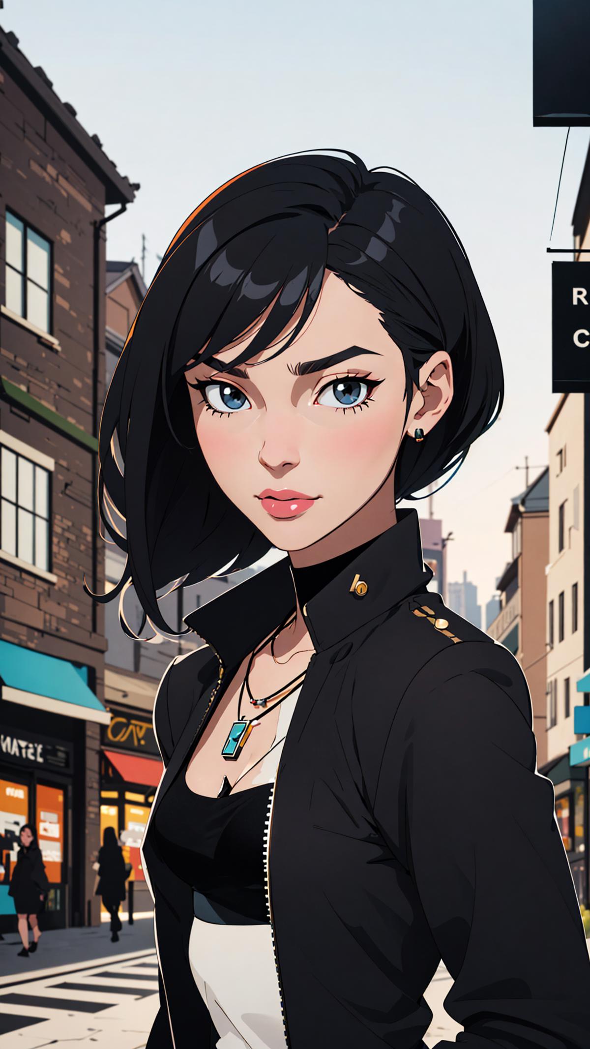 A cartoon illustration of a woman with blue eyes, black hair, and a black jacket.