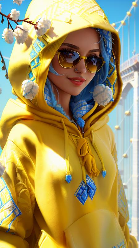 highest quality, 16k, raw photo, photorealistic, professional photograph, intricate, upper body, (detailed skin, detailed face:1.2), ((1girl in hooded yellow vyshyvanka shirt:1.25) with blue geometrical pattern, pattern on sleeves:1.25), long blue hair, blue shorts, (yellow sunglasses:1.1), sly smile, (cotton branch:1.45), (burning crimean bridge background:1.4), cinematic, volumetric lighting <lora:vyshyvanka:1>