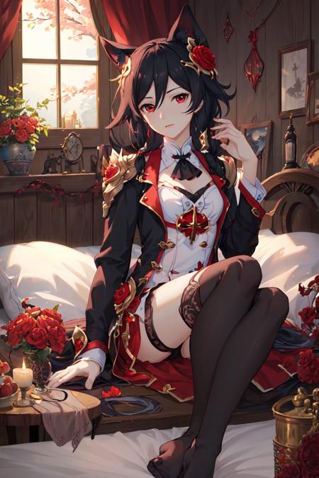 (masterpiece, top quality, best quality, official art, beautiful and aesthetic:1.2),extreme detailed,(fractal art:1.3),Fu Hua(BV), 1girl, solo,night,moonlight,<lora:Fu Hua_BV_v1.2:0.85>,black thighhighs, hair,ornament, no shoes,bed,two lantern,cowboy shot, indoors,jacket,