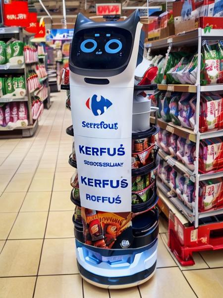 kerfusrobot robot standing at the store with store shelves behind in the background, high quality, high resolution, intricate detail, very sharp, professional photography <lora:hjkerfusrobot_v11:0.8>