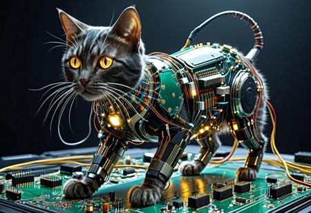 (extremely detailed CG unity 4k wallpaper), (masterpiece), (best quality), (ultra-detailed), (absurdres), (high resolution), (TransistorsXL Style), a futuristic cat with a split body design, one half being a normal organic cat with soft fur, the other half composed of exposed circuits, glowing microchips, and mechanical parts, one cybernetic eye glowing softly, semi-transparent skin revealing electric wires, transistors and resistors embedded under the surface, elegant sci-fi bio-mechanical fusion, dramatic lighting, ambient atmosphere, lonely cyberpunk tone