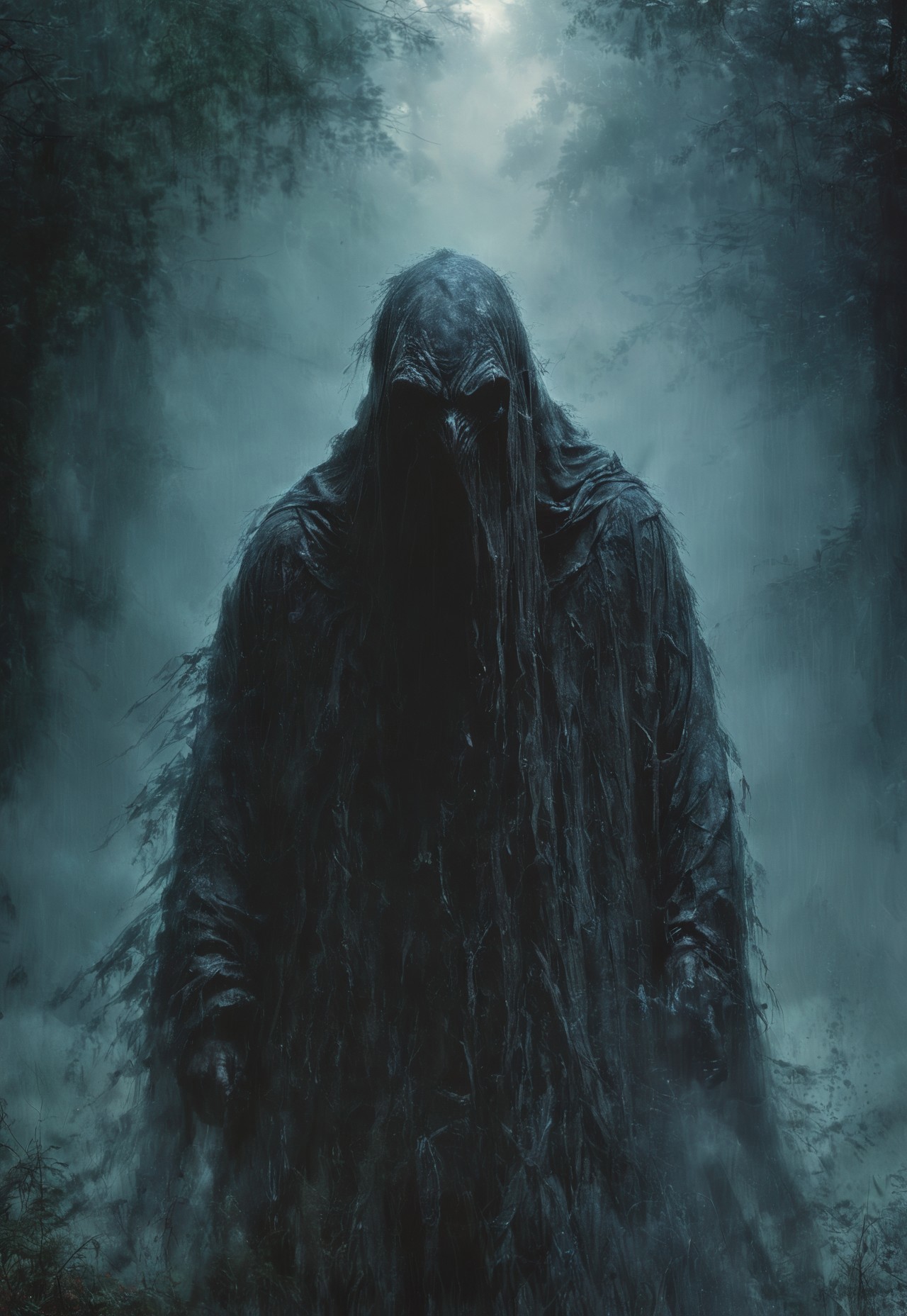 dark closeup of a scary dementor in a dark forest, fog, rain, no face, face not visible, shot at night, extreme detailed, majestic, hdr, realistic, dark lighting,