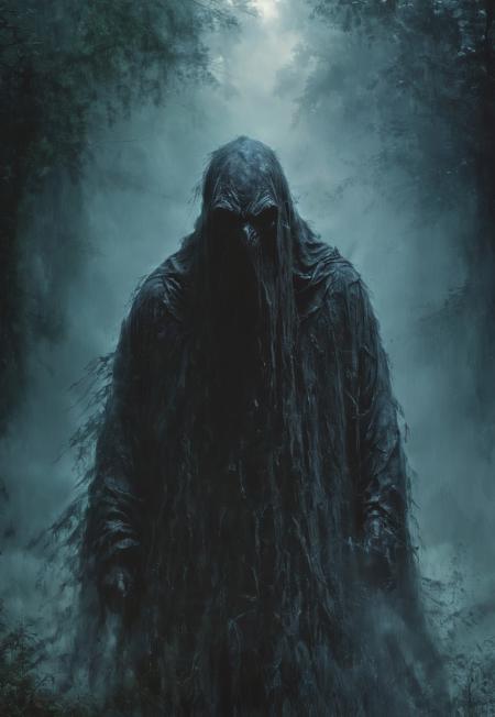 dark closeup of a scary dementor in a dark forest, fog, rain, no face, face not visible, shot at night, extreme detailed, majestic, hdr, realistic, dark lighting,
