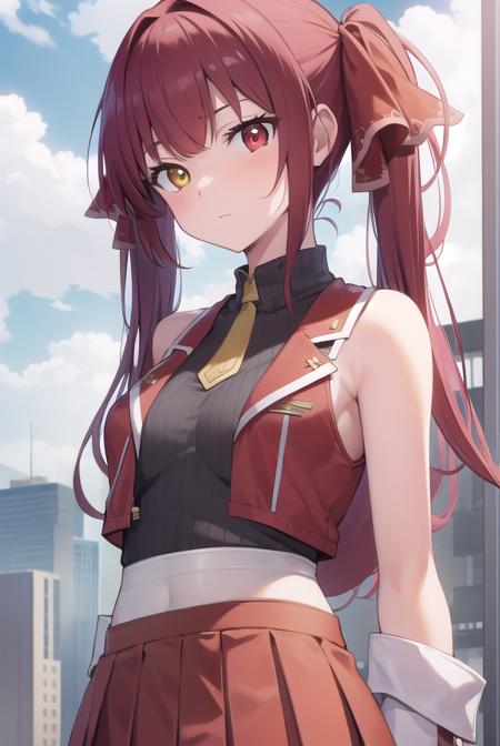 marinehoushou, <lora:marinehoushoutest:1>, marine houshou, red hair, twintails, heterochromia, (red eyes:1.5), (yellow eyes:1.5), hair ribbon,
BREAK bare shoulders, brown leotard, brown thighhighs, covered navel, grey shirt, jacket, leotard, leotard under clothes, pleated skirt, red jacket, red ribbon, red skirt, ribbon, shirt, skirt, sleeveless, sleeveless jacket, sleeveless shirt, thighhighs, closed jacket,
BREAK looking at viewer,
BREAK outdoors, city,
BREAK <lora:GoodHands-vanilla:1>, (masterpiece:1.2), best quality, high resolution, unity 8k wallpaper, (illustration:0.8), (beautiful detailed eyes:1.6), extremely detailed face, perfect lighting, extremely detailed CG, (perfect hands, perfect anatomy),