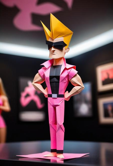 a picture of an origami of johnny bravo made from a single sheet of pink and black paper, the piece is displayed in a museum with many viewers in the background, bokeh