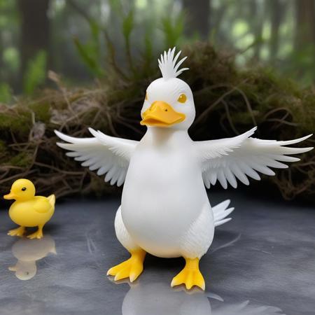 whitemold,3d printed mold,art style,greyscale,monochrome, masterpiece,(best quality), official art,extremely detailed cg 8k wallpaper, ((crystalstexture skin)),(extremely delicate and beautiful),highly detailed, WhiteMold, art style, 3d printed mold, psyduck made of 3d printed mold, pokemon \(creature\), no humans, solo, forest background made of 3d printed mold, standing, full body, hands on own head, animal focus, bird, duck made of 3d printed mold, black eyes, yellow, crystal feathers, looking at viewer, closed mouth, arms up.