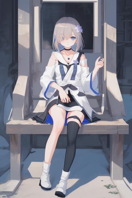 masterpiece,bast quality,official art,8K wallpaper,game cg,isuzurenmagic \(magiarecord\),1girl, blue eyes,hair over one eye,expressionless, hair ornament, grey hair, short hair, hair flower,sitting, choker, black choker, shoulder cutout, dress,, multicolored clothes,black shirt,white footwear,full body,blue gemstone, thigh strap, single thighhigh, mismatched legwear, black thighhighs, single thighhigh, <lora:ringmag2:1:1,0.1,0.1,0.1,0.1,0,1,0,0.8,1,1,0,0,0,0,0,0>