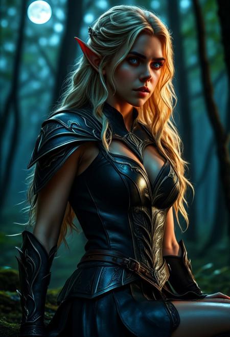 High resolution of ultra-realistic Beautiful Elf Warrior girl, ultra-realistic body, perfect athletic body, Attractive Elf girl, artgem, WLOP, sitting spread-legged on a stump in a dark forest, beautiful Kiernan Shipka as Elf Warrior girl, night of the full moon, realistic elven leather armour, pointed elf ears, defiant and seductive, covered in dirty and blood, cinematic colors Lighting, extremely detailed, 8K, wavy blonde hair, realistic dirty pale face, realistic blue eyes, beautiful Elf girl on in dark fantasy cool outfit, hyper-detailed, hyper-realistic, Attractive 21 old years Elf woman, Attractive, beautiful firm Breasts, wet and sweaty skin, Dark fantasy style, Dark fantasy atmosphere, sharp focus, digital painting, Photograph Taken on Nikon D750, Alphonse Mucha, 8K, athletic figure, Hyperdetailed, hyperrealism, attractive woman, beautiful woman of athletic body, Attractive bust girl, asymmetric balance