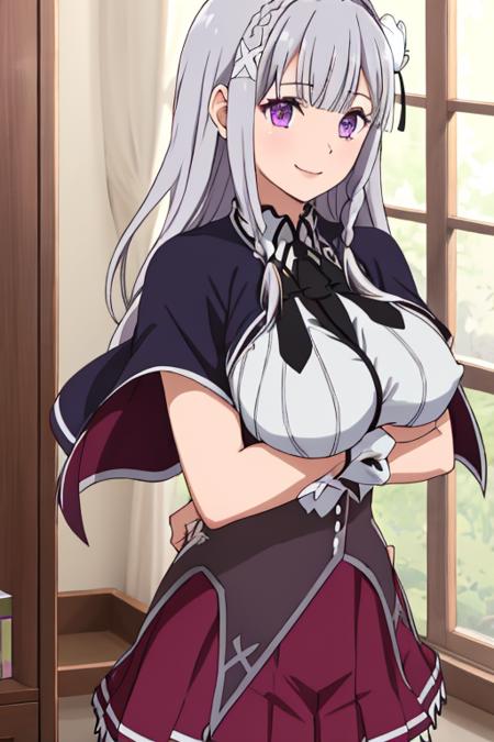 masterpiece, best quality, 1girl, <lora:KuohAcademyUniformV3-000080:1>, KuohAcademyUniform, grey hair, red pleated skirt, black capelet, black corset, purple eyes, large breasts, indoors, smile, Emilia, <lora:EmiliaAIOV42-000010:0.8>, x hair ornament, hair flower, long hair, arms under breasts, breast hold