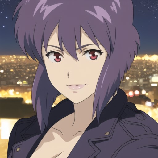 <lora:kusasagimotoko:1>, Motoko Kusanagi, purple hair, red eyes, cropped jacket, leotard, 8k, tokyo city street background...