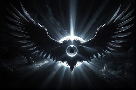 To the left a world of darkness, in the center an eye with huge wings around it, on the right side flashes of light