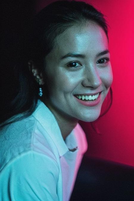 "low-key lighting": 0.8,
  "duo-color neon light (blue, pink)": 0.7,
  "laser light": 0.5,
  "film grain": 0.4,
  "close-up portrait": 0.7,
  "model": 0.6,
  "photorealistic": 0.6,
  "hyperrealistic": 0.6,
  "4K": 0.3,
  "UHD": 0.3,
  "cute smile": 0.5,
  "relaxed pose": 0.5,
  "dark sofa": 0.4,
  "shadows": 0.4,
  "indoor": 0.3,
  "nightclub": 0.3,
  "detail face": 0.4,
  ...
  "harsh shadows": -0.7,
  "blurry details": -0.6,
  "unnatural skin textures": -0.5,
  "clichd poses": -0.4,
  "unbalanced color palette": -0.4,