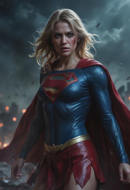 High resolution ultra-realistic of Beautiful Supergirl fighting against alien invasion, cinematic style, standing on a bloody and stormy battlefield in a fighting pose, bloody massacre, realistic blue combat costume, red mini skirt, red cape, perfect athletic figure, wavy blonde hair, handsome dirty bloody face, beautiful perfect detailed pupils, wet oily shiny skin,covered in dirty and blood, beautiful firm Breasts, defiant and seductive, attractive 21 year old girl, 8k resolution concept art portrait by Greg Rutkowski, Dark Gotham City, Artgerm, WLOP, Alphonse Mucha, dynamic lighting, hyperdetailed, intricately detailed, Splash art trending on Artstation triadic colors, Unreal Engine, 5 volumetric lighting, Cinematic Lighting, intricate, smooth, sharp focus digital painting, Asymmetrical Balance, painting, dynamic lighting