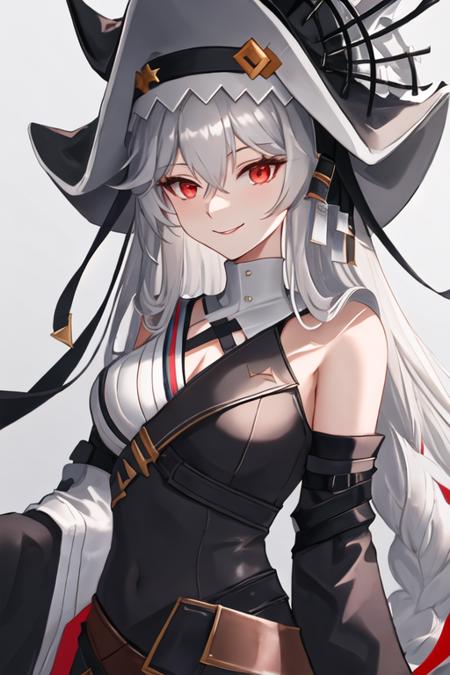 best quality, masterpiece, highres, solo, {specter_arknights:1.15}, long_hair, bangs, red_eyes, hair_between_eyes, smile, black_headwear, grey_hair, white_hair, very_long_hair, upper_body, hat, breasts