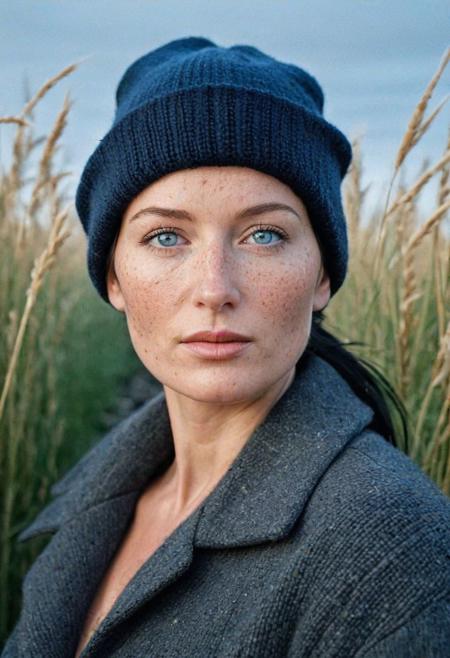 Stunning analog photo of a beautiful 38 years old Dutch woman, sweater, coat, beanie, perfect face, absolute beauty, sexy pose, natural raven black hair, ponytail, blue eyes, freckles, freckles and moles all over body, absolute perfect tits, big tits, soft natural tits, track through tall grass, early morning, misty, soft natural early morning light light, ultra realistic, extremely detailed
