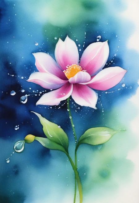 ink painting, a dancing flower and dew