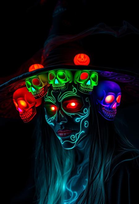A hyper-realistic, intricately detailed image of a witch wearing a traditional, pointy hat adorned with a row of glowing, Halloween skulls, each with a different colored, painted face: red, green, blue, and purple. The skulls seem to leer and grimace, their glowing faces casting an eerie, otherworldly glow. The witch's face is painted with glow-in-the-dark, swirling patterns that seem to shift and writhe in the dark, adding to the overall sense of mysticism and menace. The hat itself is a deep, rich black, with intricate, swirling patterns that seem to dance in the light. The surrounding environment is a deep, inky black, punctuated only by the glowing, ethereal border that surrounds the image, casting an eerie, mystical glow over the entire scene. highest-Quality, intricate details, visually stunning, Masterpiece