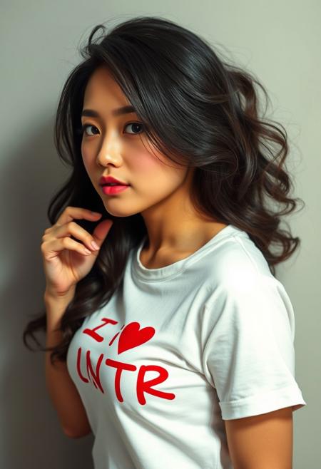(photorealistic), 1girl, 20 years old asian giant breast curvy , wearing a white t-shirt, red write on the t-shirt "i love NTR"  sexy pose