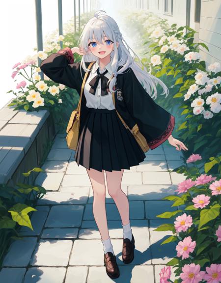 1girl, solo, long hair, looking at viewer, blush, ahoge, smile, open mouth, bangs, skirt, simple background, shirt, long sleeves, white background, bow, ribbon, standing, white shirt, flower, flower on clothing, pleated skirt, collared shirt, miniskirt, black skirt, feet out of frame, arms behind back, overhead shot, <lora:Elaina_v12.0_e1_800:1>,