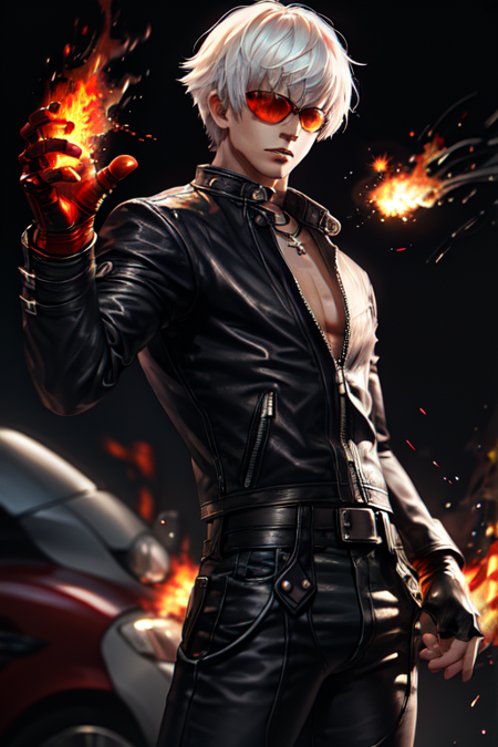 kdash 1boy, solo, male focus white hair, dark skin, dark skinned-male jacket, leather jacket necklace, cross necklace fire, pyrokinesis glove, fingerless gloves