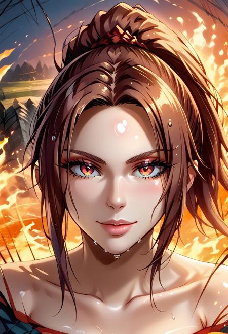 score_9, score_8_up, score_8, anime style, source_anime, 
BREAK, 
1girl. solo, beautiful female,  looking at viewer, masterpiece, high detailed skin,  character focus,  depth of field, EyesHD,  petite, slender body, curvy, 
QueelagDarkSouls, ponytail, brown hair,, armlet, hair censor, hair over breasts, arthropod girl, taur, spider girl, monster girl, fire,
,indoors, seductive smile, sultry, sad expression,  
, sweaty, wet hair,
,(pinup pose, dynamic pose, upper body, face focus, dynamic angle,)
cinematic, masterpiece, best quality, ultra-detailed, very aesthetic, high res,
, pureerosface_v1, Expressiveh, intricate_details_xl,