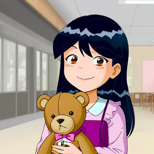 <lora:TotallySpies-16:0.8>, 1girl, toddler, 4yo little girl, preschool, holding a teddybear, smiling, blushing, shy
