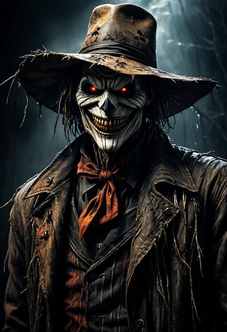An Hyperrealistic dark Gothic photo of a hauntingly scary scarecrow villain from DC batman comics. He has an intricately detailed hay face with a wide wild creepy smile with fangs. His eyes are orange and thin. He is wearing ragged jacket,  stained with red, black jeans and a hat. In the background there are dark scary nightmare scenes spiraling in zentangle design.  a masterpiece, 8k resolution, dark fantasy concept art, by Greg Rutkowski, by H.R. Giger, Tim Burton dynamic lighting, hyperdetailed, intricately detailed, Splash screen art, trending on Artstation, deep color, Unreal Engine, volumetric lighting, complementary colours