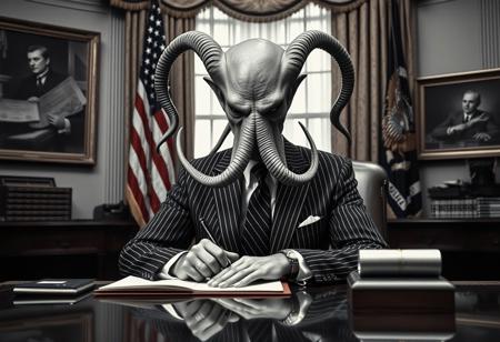 president cthulu in a sharp pin striped suit posing for presidential portrait in the oval office, real photograph, signing bill, ominous evil