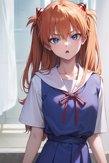 asukalangley, <lyco:asukalangleysouryuu-lyco-nochekaiser:1>,
asuka langley soryu, (souryuu asuka langley:1.5), blue eyes, hair between eyes, headgear, interface headset, orange hair, two side up, <lora:gekioko_v200:0.8>, angry, open mouth,
BREAK blue dress, collarbone, dress, neck ribbon, pinafore dress, red ribbon, ribbon, school uniform, shirt, short sleeves, (tokyo-3 middle school uniform:1.5), suspenders, suspender skirt, white shirt,
BREAK indoors, classroom,
BREAK looking at viewer, (cowboy shot:1.5),
BREAK <lora:GoodHands-beta2:1>, (masterpiece:1.2), best quality, high resolution, unity 8k wallpaper, (illustration:0.8), (beautiful detailed eyes:1.6), extremely detailed face, perfect lighting, extremely detailed CG, (perfect hands, perfect anatomy),